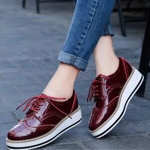 Burgundy Platform Oxford Shoes Size 38 Chunky Sole Lace Up Preppy